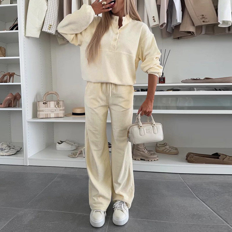 Solid Color Long Sleeve Button-up Top Pocket Set