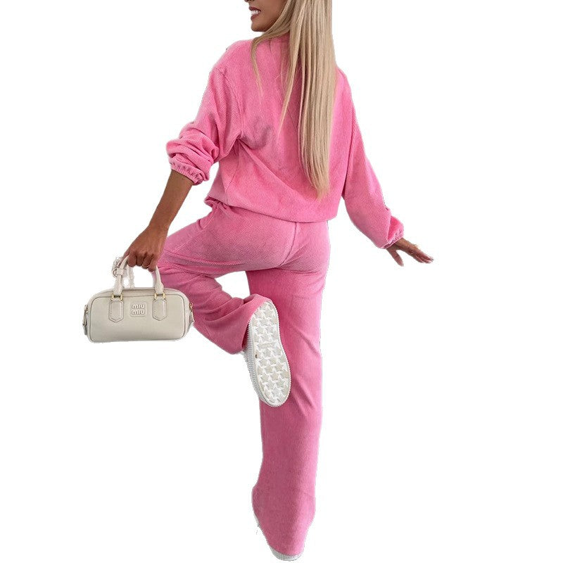 Solid Color Long Sleeve Button-up Top Pocket Set