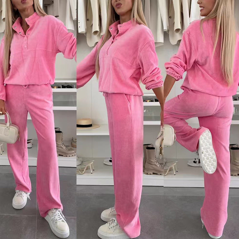 Solid Color Long Sleeve Button-up Top Pocket Set